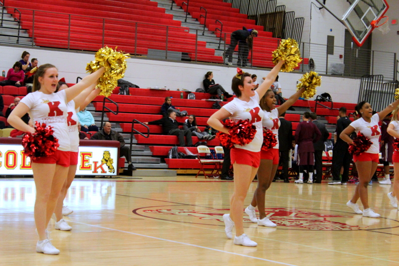 King's Cheerleaders celebrating mid-game during King's win over Eastern University Wednesday night